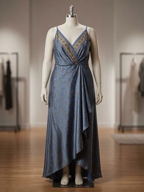 Chai Fashion 1X Silk Maxi Dress Blue Paisley Cocktail Wedding Guest Boho Resort